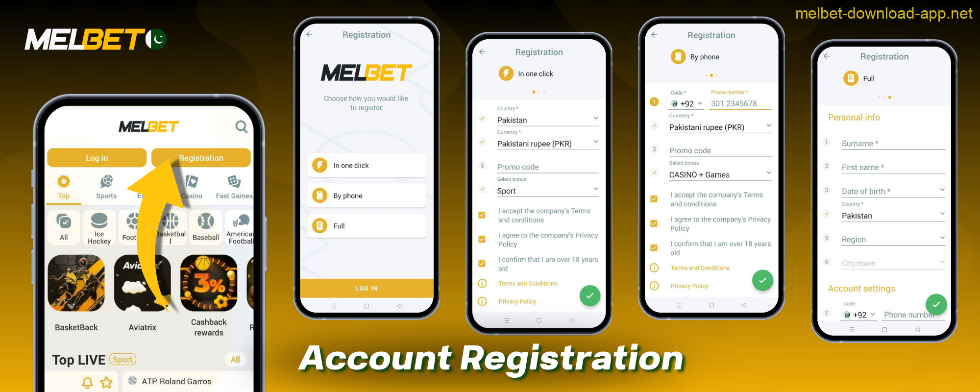 Pakistani users can create an account on the Melbet app in several ways