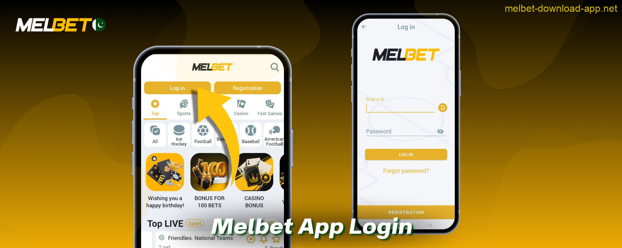 Pakistani users can log in to their account in the Melbet app by entering the necessary data for the move and clicking ‘login’